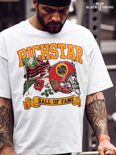 男士新款复古横幅字母图案圆领休闲短袖 T 恤搭配休闲裤，适合旅行/度假/户外露营/运动