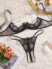 女士性感内衣套装，黑色刺绣蕾丝饰边配金色链条，1/4罩杯开衩镂空设计 - 黑色 - 查看 8