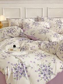 4件套薰衣草图案紫白床品套装（1个被套、2个枕套、1个床单），花卉图案舒适风格被套套装，不含填充物，适合家居卧室宿舍装饰，加大床单，被套，枕套，单人/双人床适用 - 淡紫色 - 查看 9