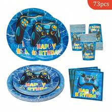 1 Set Einweg-Teller, Servietten, Becher im Videospiel-Thema für 16 Gäste, geeignet für Geburtstag, Hochzeit, Party, Familien-Picknick - Verschiedenfarbig - Übersicht 1