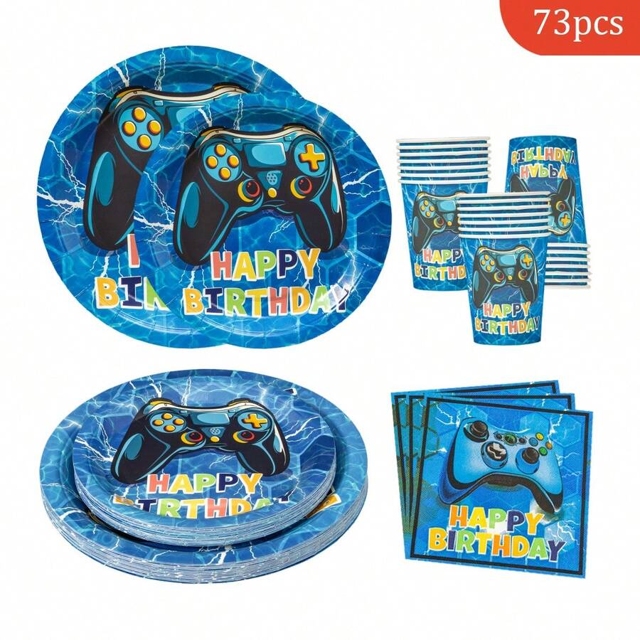 1 Set Einweg-Teller, Servietten, Becher im Videospiel-Thema für 16 Gäste, geeignet für Geburtstag, Hochzeit, Party, Familien-Picknick - Verschiedenfarbig - Übersicht 1