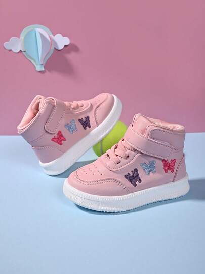 1 Pair Toddler Kids High Top Casual Sneakers With Butterfly & Heart Design, Non-Slip Soft Sole Sports Shoes For Boys & Girls Aged 1-6 Years, Spring/Autumn