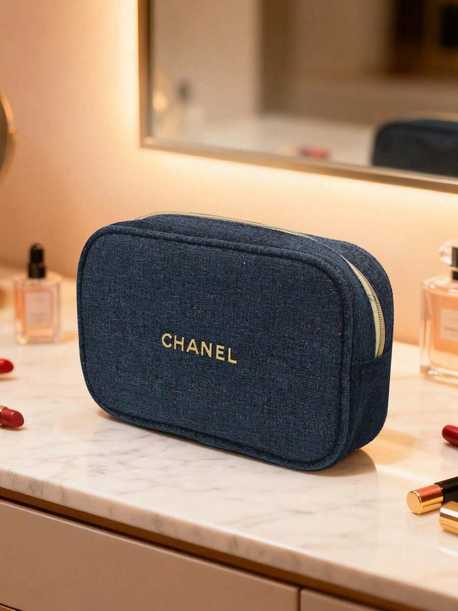 CHANEL 海军蓝斜纹软呢化妆包，拉链封口，金色箔印标志，旅行洗漱包 - 藍色 - 查看 1