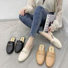 2025秋冬新款方跟露趾无后跟一脚蹬鞋，小金属扣，英伦风百搭轻便柔软女士平底穆勒鞋，室内外休闲舒适乐福鞋，适合通勤、购物、派对、婚礼和正式场合（尺码偏小） - 黑色 - 查看 7