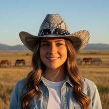 Snake Pattern Cowgirl Hat For Women Men Sapphire PU Leather Belt Wide Brim Western Cap - Light Grey - View 3