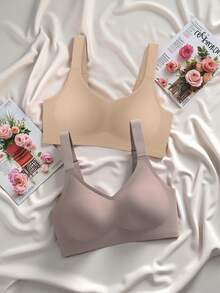 3件套简约舒适女士运动文胸，无钢圈，纯色