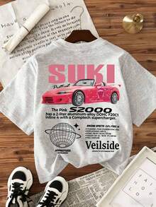 女士休闲标语汽车印花短袖圆领T恤 - 灰色 - 查看 1