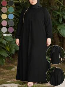 Plus Size Women's Black Long Sleeve Round Neck Woven Fabric Long Robe, With Pockets, Non-Stretch Regular Fit Spring - Black - View 1