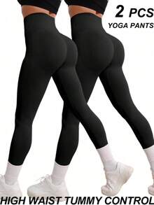 2pcs/Set Solid Color High Waist Seamless Leggings Sports - Multicolor - View 2
