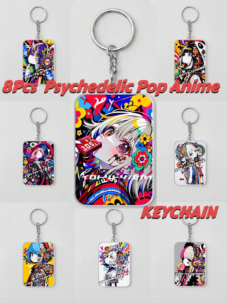 8 件套霓虹故障风格动漫女孩图案钥匙扣，赛博朋克风格亚克力圆角矩形吊坠，采用像素艺术细节，可用作背包挂饰、游戏配件或耳机盒吊坠，适合日常通勤、动漫展、EDM 派对，是送给朋友的独特礼物，适合所有季节。 - 彩色 - 查看 1