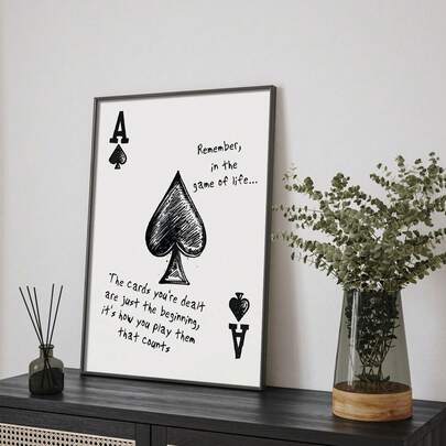 1 幅无框帆布海报 - 现代复古黑桃 A 扑克牌及励志语录墙画，黑白设计，传递激励信息，适合客厅家居装饰、扑克室装饰