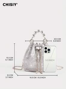 Handmade High-End Rhinestone Embellished Elegant Gold, Silver, Rose Red PVC & Fabric Fashion Bucket Bag, Spacious Women's Commuter Tote, Versatile Handbag, New Year & Valentine's Day Gift, Suitable For Work, Shopping, Travel, Evening Party, Wedding, Autumn/Winter - 銀色 - 查看 2
