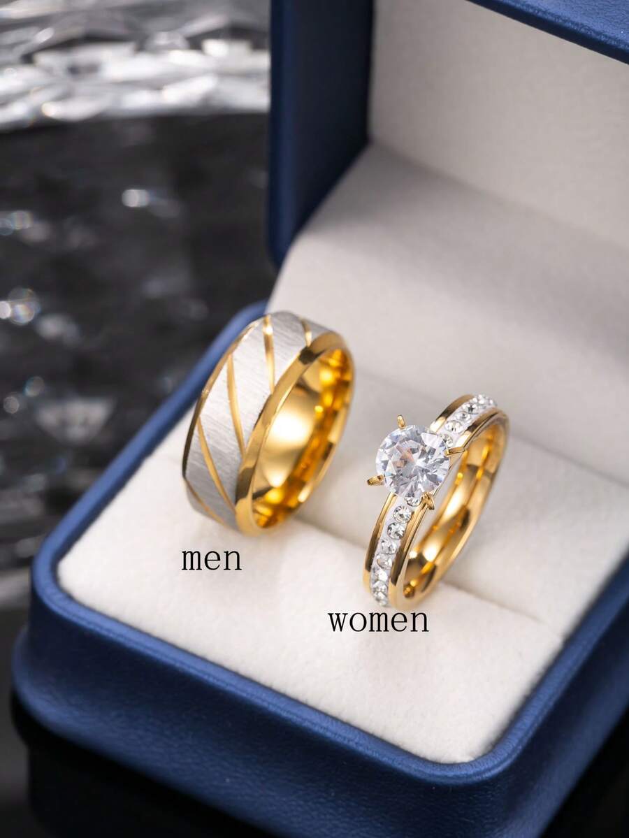 2pcs Fashionable & Elegant Stainless Steel Couple Rings, Featuring Textured Design For Men And Rhinestone Decor For Women, Suitable For Daily Wear, Holidays, Engagements, Weddings (Gift Box Included) - Gold - View 1