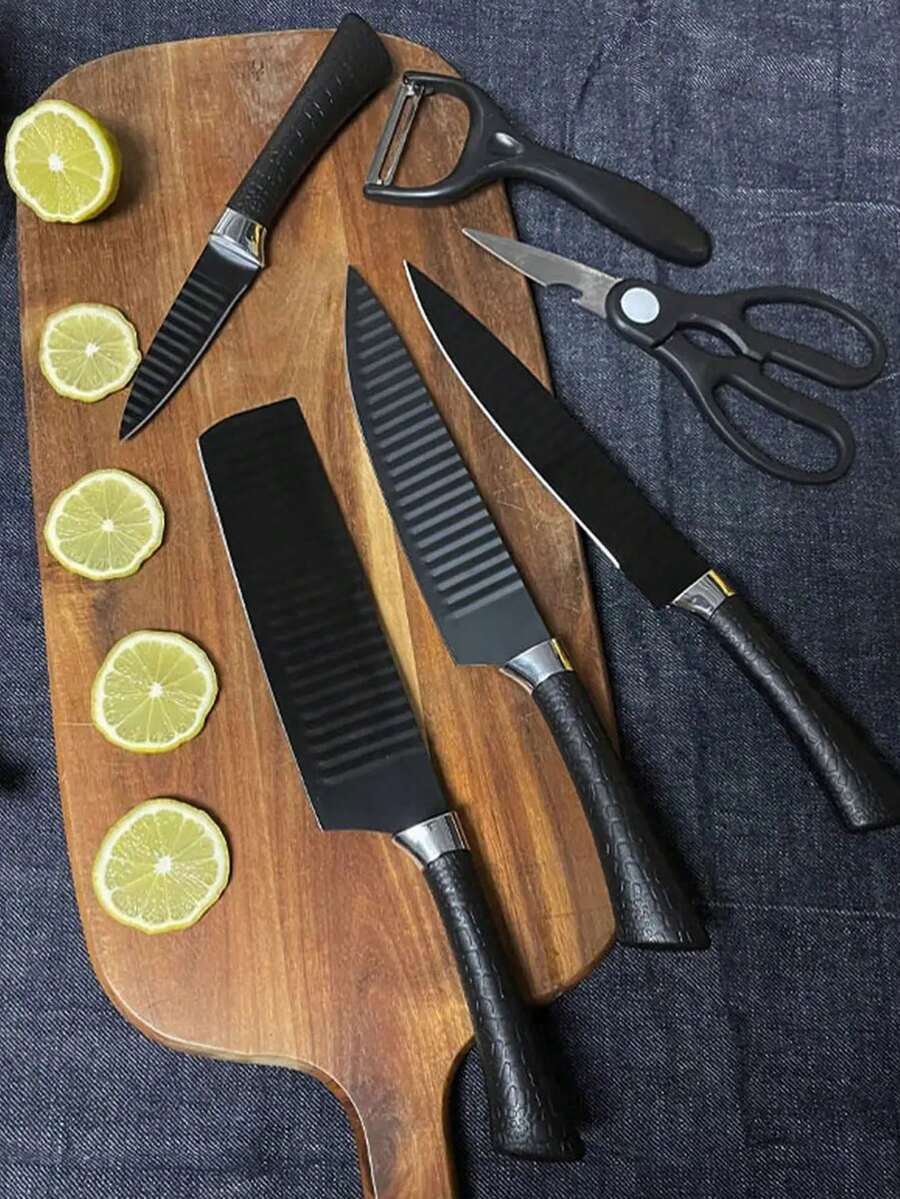 Juegos de cuchillos, oferta del et de 6 piezas profesional de cuchillos para cortar carne de acero al carbono y un juego de tijeras para pelar verduras,