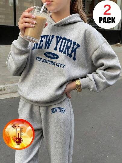 2件套少女彩色字母印花保暖连帽卫衣和裤子套装，秋冬季保暖儿童服装 - 柔软舒适的少女连帽卫衣，展现她们的个性化“纽约布鲁克林帝国之城”