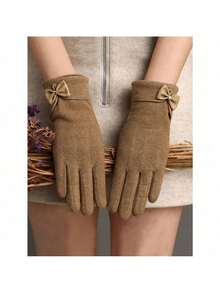 1 Pair Cute Bow Thermal Plush Gloves, Windproof Touch Screen Winter Outdoor Sports Gloves For Ladies, Fashion Warm Gloves For Women Cold Weather, Snow Thicken Cycling Gloves, Women's Wool Coldproof Warmth Glove, Suitable For Holiday Gifts, Gift Giving, Insulated Finger Gloves Halloween Valentine's Day - 卡其色 - 查看 12