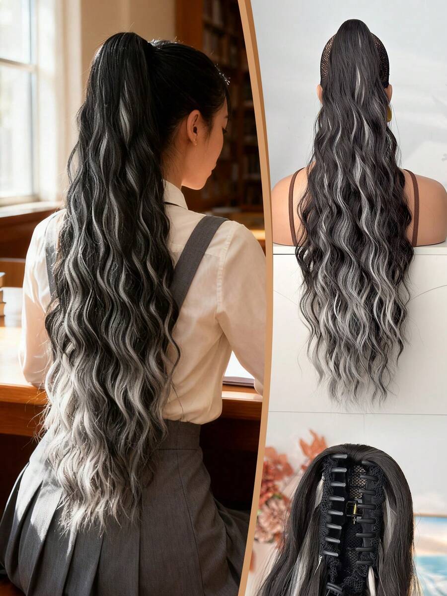 Ekstensi Rambut Ekor Kuda Sintetis Bergelombang 28 Inci dengan Jepitan Cakar, Cocok untuk Pesta dan Penggunaan Sehari-hari Wanita