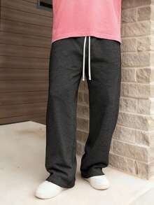1 件男士抽绳腰宽松阔腿休闲运动裤，秋冬 - 深灰色 - 查看 5