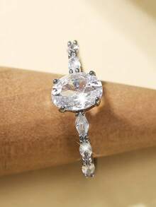 Nooxian 1 buah Cincin Telur Zirkonia Kubik Berkilau & Elegan untuk Wanita, Cincin Pernikahan - perak - View 4