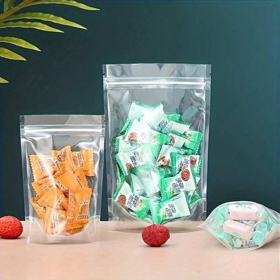 50个装 - 自封纸袋，透明密封储物袋，牛皮纸立式袋，带哑光窗口和易撕口设计的可重复使用密封袋，餐桌装饰袋，生日派对礼品收纳袋，储物包装配件，多用途混合坚果袋，非常适合万圣节、圣诞节、感恩节和秋季收纳（款式随机发货）