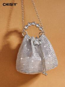 Handmade High-End Rhinestone Embellished Elegant Gold, Silver, Rose Red PVC & Fabric Fashion Bucket Bag, Spacious Women's Commuter Tote, Versatile Handbag, New Year & Valentine's Day Gift, Suitable For Work, Shopping, Travel, Evening Party, Wedding, Autumn/Winter - 銀色 - 查看 4