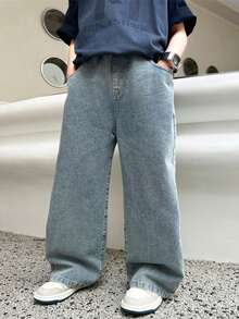 男童蓝色直筒牛仔裤，春秋季 - 中等水洗藍 - 查看 3