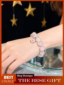 Crystal Beaded Bracelet For Women, Glass & Synthetic Crystal Bracelet, Elegant Adjustable Stretch Bracelet With  Flower Beads, Dainty Bohemian Beaded Jewelry Gift - Hồng - Xem 3