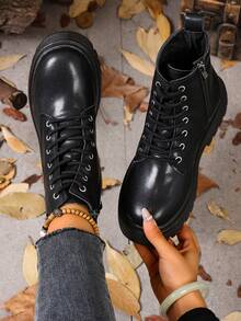 Round Toe Thick Sole Versatile Women Ankle Boots, 2025 Autumn/Winter New Lace-Up Retro Platform Slim Commuting Dress Casual Fashion Boots - Black - View 6