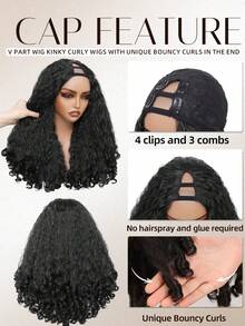 Yaki Curly V Part Wigs For Women Kinky Full Wig With Bouncy Curls 20 Inch Soft Afro Curly Full Machine Synthetic Wigs For Women - màu đen - Xem 5