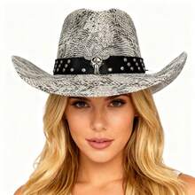 Snake Pattern Cowgirl Hat For Women Men Sapphire PU Leather Belt Wide Brim Western Cap - Light Grey - View 5