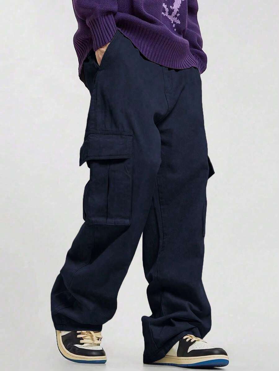 1 pièce Pantalon droit avec poches pour garçons adolescents/jeunes, vêtement de rue pour l'extérieur - Bleu azur - Voir 1