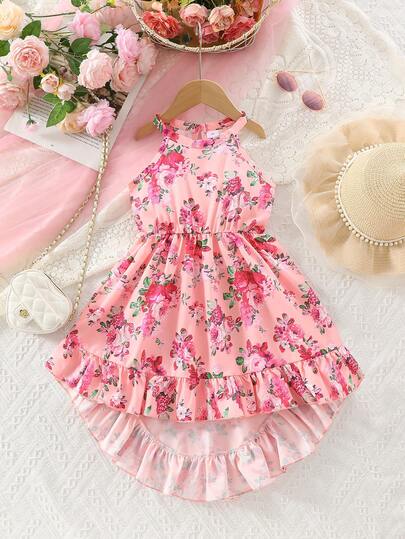 Charming Girls' Summer Elegant Floral Print Sleeveless Halter Neck Backless Asymmetric Hem Casual Dress