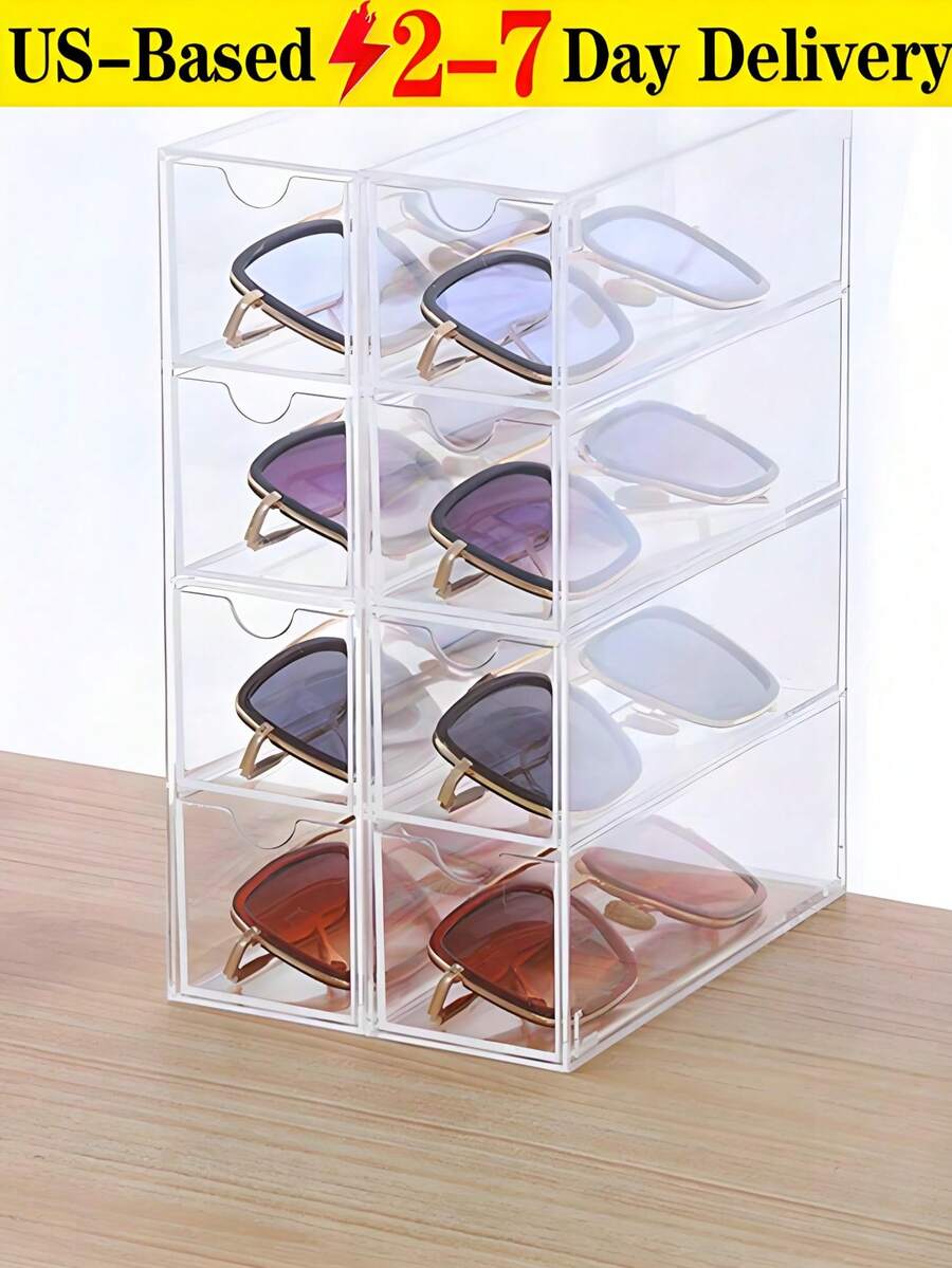 A Transparent, Four-Drawer High-End Luxury Eyeglasses, Sunglasses, And Accessories Storage Box, Suitable For Dressing Table Storage (Stackable). This Drawer-Style Storage Box Is Ideal For Organizing Sunglasses, Eyeglasses, Watches, Jewelry, Cosmetics, Accessories, And Other Items. It Is Scratch-Resistant. The Sunglasses Storage Box Is Made Of Acrylic With A Transparent Frame And Features Four Drawers. Suitable For Both Men And Women, It Can Store Eyeglasses, Jewelry, Watches, Etc. - 彩色 - 查看 1