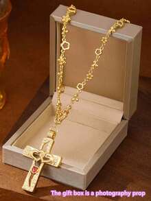 Colar vintage com pingente de cruz em ouro 14K, unissex, com design de coração vazado, cravejado com zircônias vermelhas e corrente vazada em formato de flor. Uma joia moderna e elegante, perfeita para ocasiões religiosas, Dia das Mães, aniversários, Dia dos Namorados e Natal. - Cruz de Coração Vazado - Ver 7