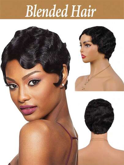 短款手指波浪卷发自然黑色假发深波浪手指波浪假发女士黑色短款精灵卷发假发派对风格短款精灵剪裁玫瑰网帽，海浪波浪假发