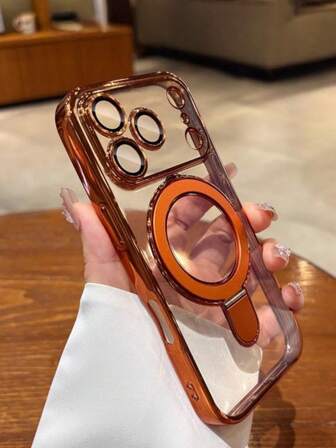 1 st. transparent, galvaniserat, stötsäkert silikonskal med glidande metallstativ/stötsäkert telefonskal, TPU-material, lämplig för iPhone 15 Pro Max/16 Pro Max/16 Pro/11/12/13/14 Pro Max/14 Pro/13 Pro Max/16, 17, 17 Pro, 17 Pro Max/S24/S24 Ultra/S25/S25 Ultra, stöder trådlös magnetisk laddning