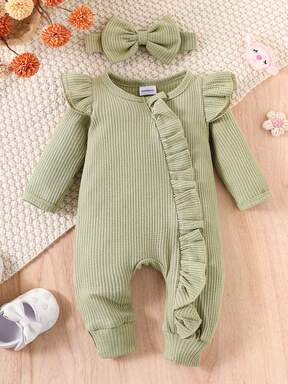 1 قطعة جمبسوت طويلة الأكمام خضراء بسيطة ومريحة للأطفال حديثي الولادة (إناث)، للخريف/الشتاء