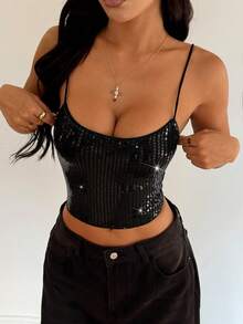 女士纯色极简亮片装饰吊带背心，时尚性感亮片抹胸上衣，黑色夏季款 - 黑色 - 查看 9