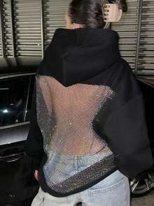 Mesh Back Hoodie Women Hollow Backless Oversized Sweatshirts With Pocket Y2k Party Sparkly Fleece Pullover - 黑色 - 查看 3