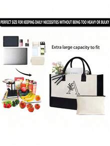 2pcs/Set Canvas Tote Bags, Printed With 26 Black Letters, Customizable, Suitable As Gift Bags For Weddings, Birthdays, Beaches, Vacations, Backpacks, And More, Great Gifts For Women, Moms, Teachers, Friends, Bridesmaids, Students. Large Capacity Tote Bags, Simple & Spacious, Portable Casual Storage Bags, Multi-Purpose Shopping Bags. - Multicolor - View 6