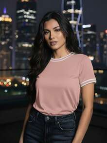 Women's Short-Sleeve Ribbed Blouse, Plain, Round Neck With Collar And Sleeve Details, Elegant Basic Style - Pink - View 3