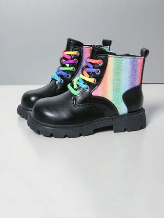 Children's Fashion Versatile Autumn/Winter New Girls Shoes, Rainbow Sequin Side Zipper Contrast Color Children Boots, Princess Boots, Snow Boots