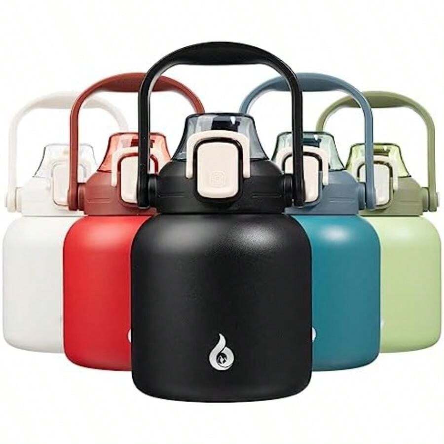 BJPKPK - Botellas de agua aisladas con pajita, 20 onzas lindas botellas de agua con asa, termo de metal de acero inoxidable sin , termo de fácil transporte para hombres y mujeres, color blanco(0.8 Litros 27 ozBlack) - Multicolor - Ver 1