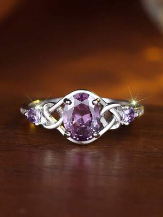 1 st. oval ring i 925 sterlingsilver, med dubbel ametist och CZ-kant, tvåfärgade ljusa lyxsmycken för kvinnor, perfekt unik present.