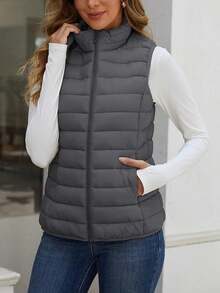 2026 Women's Essential Warm Vest  Lightweight Quilted Puffer Vest Sleeveless Stand Collar Zip-Up Padded Outerwear Gilet ,Classic Versatile For Seasonal Outdoor Use - 深灰色 - 查看 3