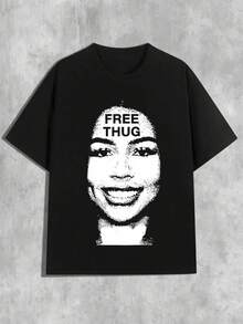 [Camiseta Y2K] Camiseta de algodón inspirada en Y2K 1 pieza para mujeres| Camiseta casual de cuello redondo y manga corta con estampado de chica sonriente y "FREE HUG", top de moda elástico para todas las estaciones - Negro - Ver 1