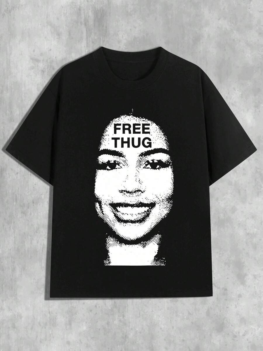 [Camiseta Y2K] Camiseta de algodón inspirada en Y2K 1 pieza para mujeres| Camiseta casual de cuello redondo y manga corta con estampado de chica sonriente y "FREE HUG", top de moda elástico para todas las estaciones - Negro - Ver 1