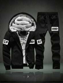 男士休闲运动套装（两件套），保暖连帽衫 + 保暖运动裤 - 黑色 - 查看 3