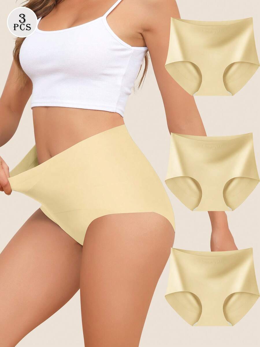 Bộ 3 quần lót nữ cạp cao không đường may, hai lớp phối ghép, dây chéo, che phủ toàn diện, mềm mại và thoải mái. - Màu be - Xem 1