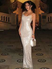 Women's Glitter Sequin Long Cami Dress Mesh Patchwork Sleeveless Backless Bodycon Dress - 白色 - 查看 2